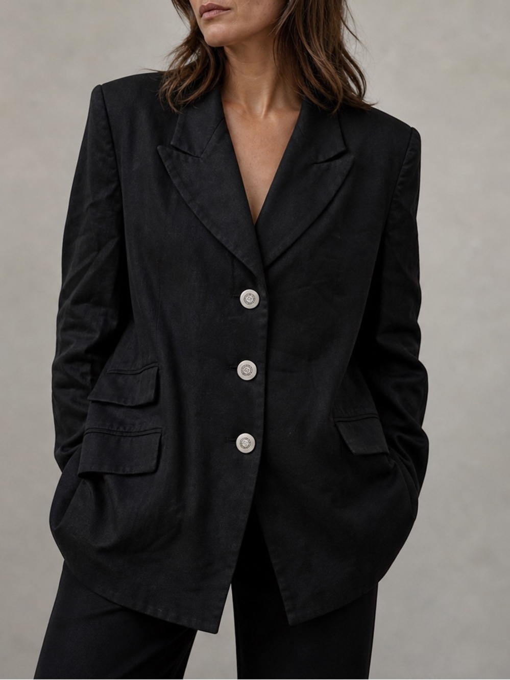 Vintage 90s Escada Black New Wool Blazer Silver Buttons Old Money | 38 US M(6-8)